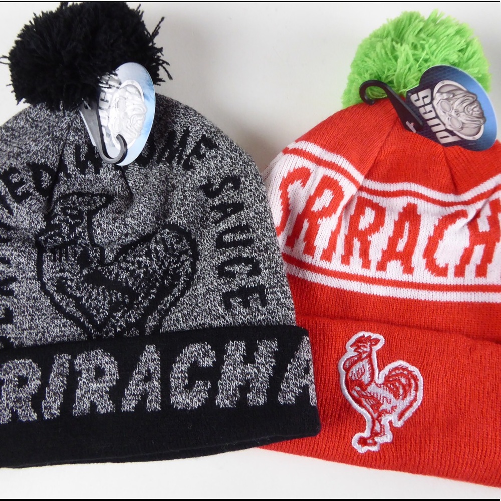 Sriracha Hot Sauce Pom Pom Knit Beanie Hat Bundle Set NWT